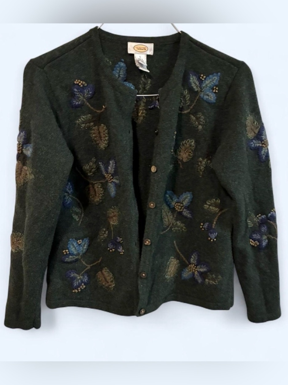 Vintage Talbots Dark Green Floral Embroidered Cardigan - size large